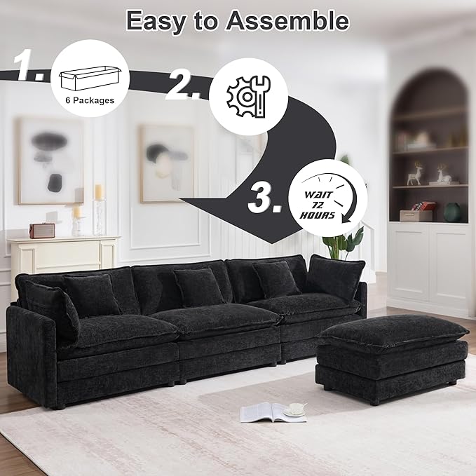 KIVENJAJA 111.5”W Chenille L-Shaped Modular Sectional Sofa, Modern 3-Seater Comfy Deep Seat Cloud Couch with Ottoman/Chaise & 5 Pillows for Living Room Office Apartment, Black