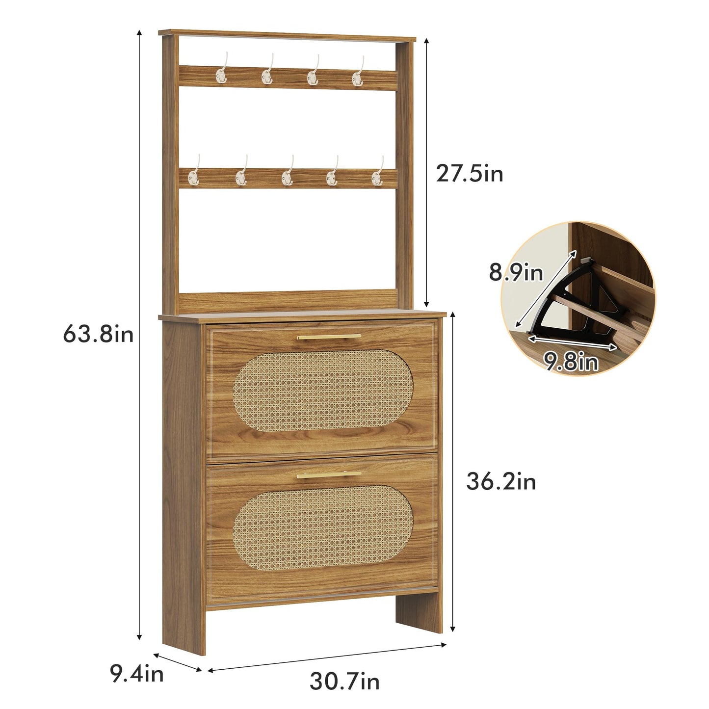 Maupvit Shoe Cabinet with 2 Flip Drawers, Shoe Rack with Rattan Doors, Hidden Shoe Storage Cabinet with Hanging Hooks, Tall Free Standing Shoe Organizer for Foyer, Entryway, Hallway (Rustic Oak)
