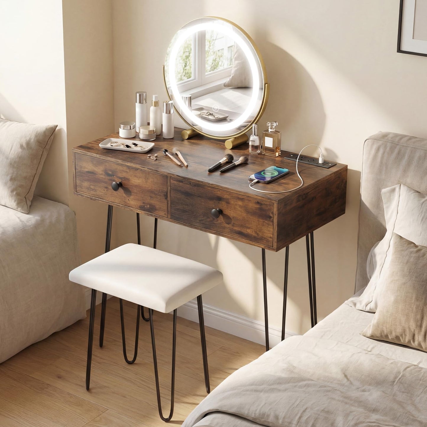 CHARMAID Vanity Desk with LED Lighted Mirror & Charging Station, 2 Drawers, 3 Color Lighting, Metal Legs, Makeup Vanity Table with Stool for Bedroom, Rustic Brown & Black