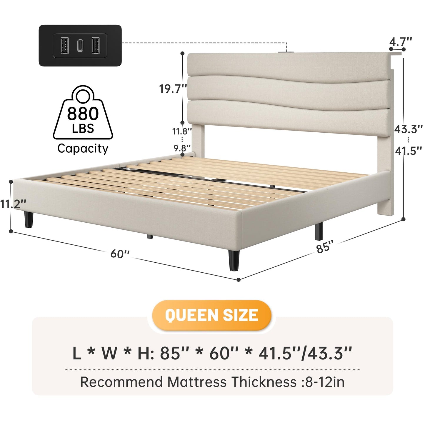 EnHomee Queen Bed Frame with Fabric Upholstered Headboard, Storage Headboard and 3 Charging Stations, Queen Size Bed Frame with Wooden Slats, Noise-Free, No Box Spring Needed, Beige