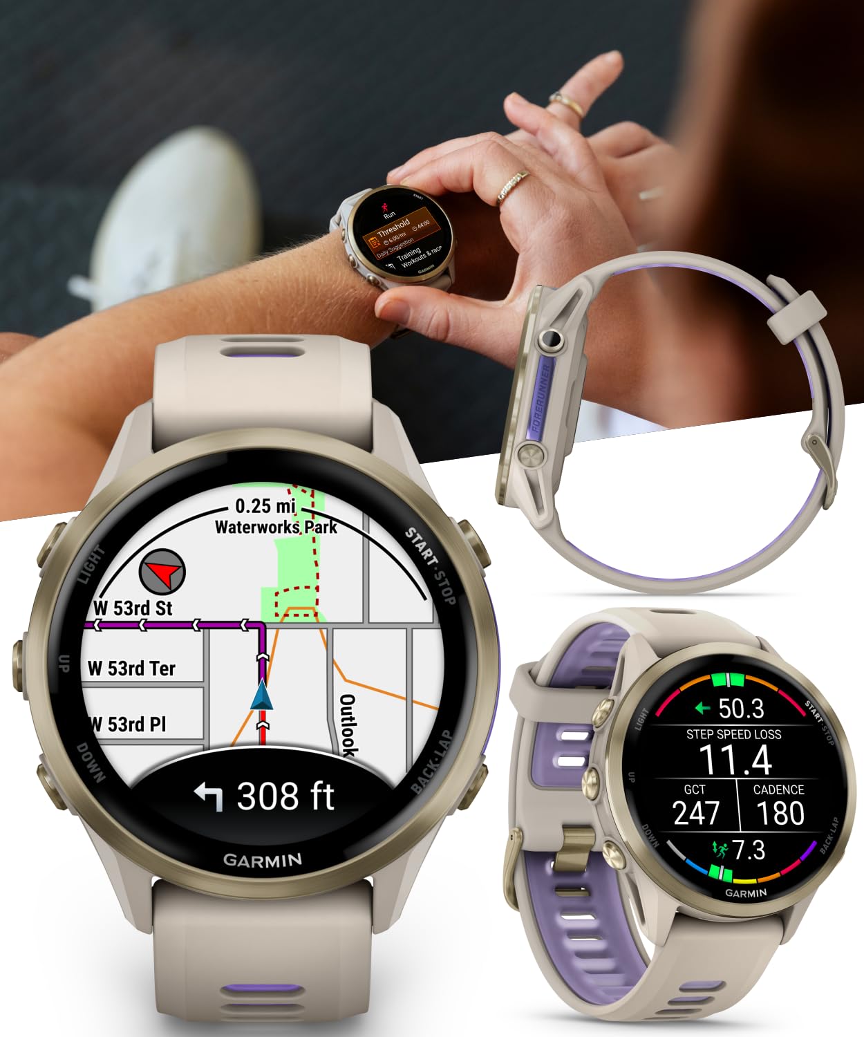 Wearable4U Garmin Forerunner 970 Soft Gold Titanium Smartwatch With French Gray Case And French Gray/Translucent Indigo Band, Am