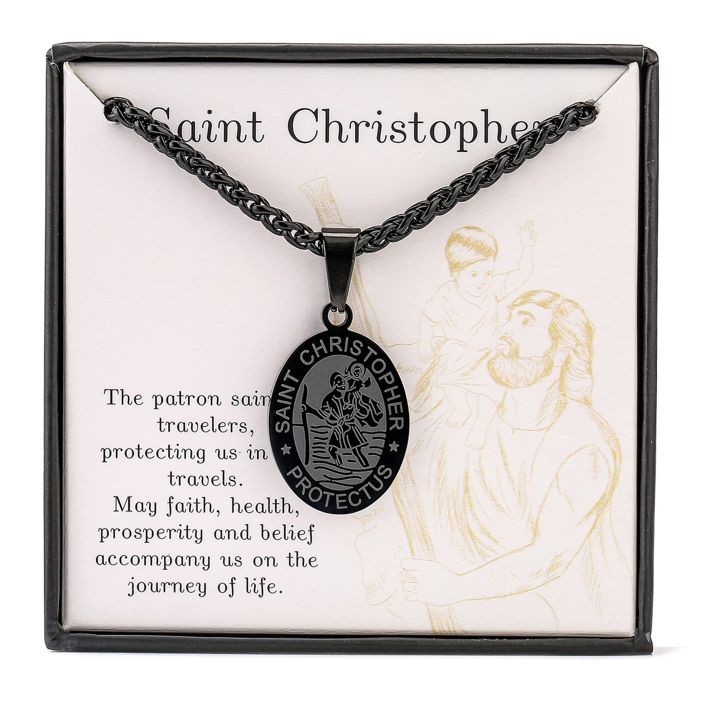 Zocomi Black Saint St Christopher Medal Necklace for Men Boys, St. Patron Pendant Chain Jewelry Catholic Christian Religious Bap