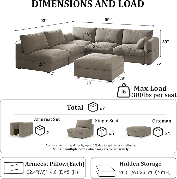 Cloud Modular Sectional Sofa Couch with Storage Ottoman, 99" Oversized Sectional Couches for Living Room, Cloud Modular L-Shaped Sofa with Chaise, 6 Seater, Chenille, Light Gray