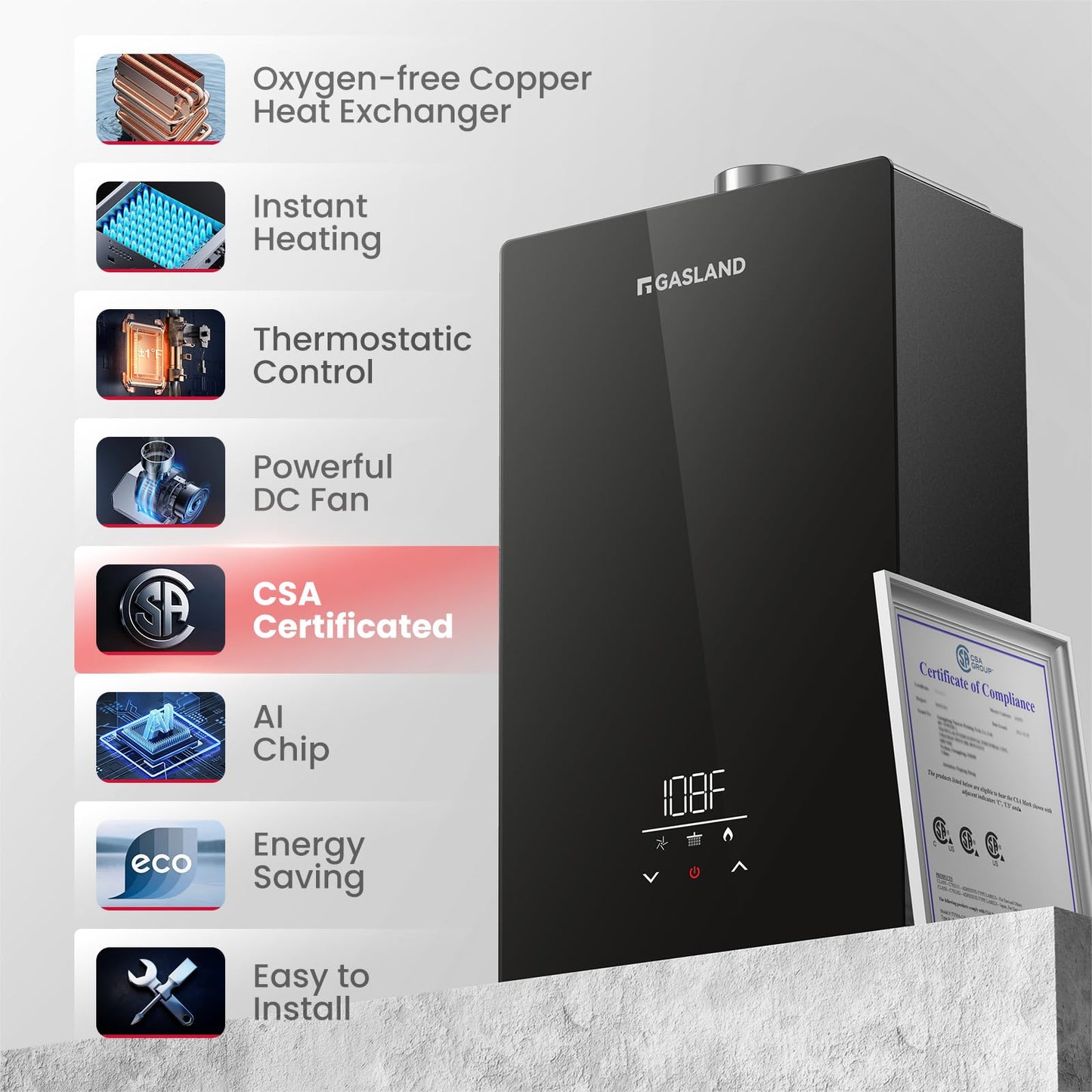 GASLAND Gasmart E Natural Gas Tankless Water Heater Indoor, Up to 5.8 GPM 150,000 BTU, CSA Certified Whole House Installation Residential On-demand Instant Hot Water Heater, CE528NG