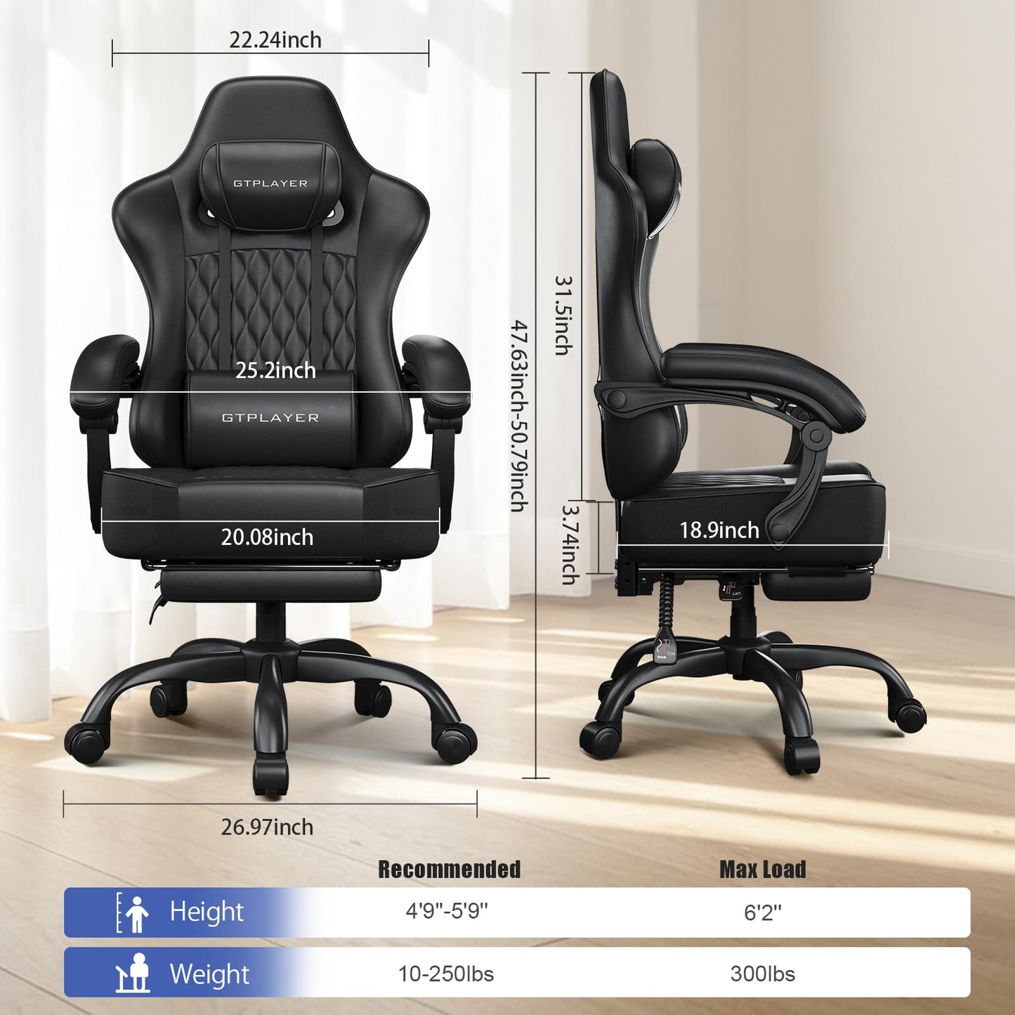 GTPLAYER Big and Tall Gaming Chair with Footrest, Ergonomic Office Desk Chair with 4.4in Thick Cushion and Wide Wingless Seat, Comfortable Leather Computer Chair, Predator Series, Satin Black