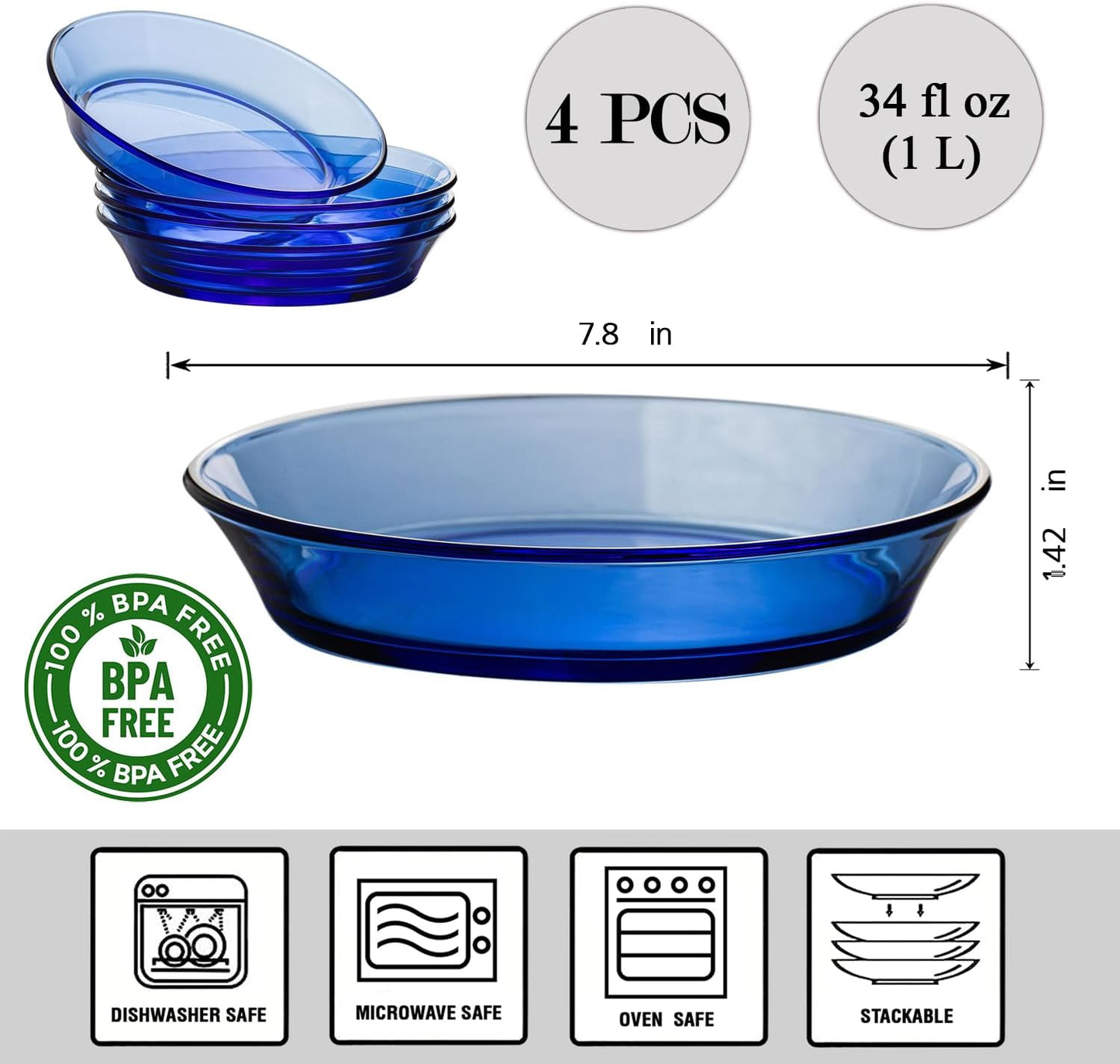 STP GOODS Glass Soup and Salad Bowl with Handles, Cobalt Transparent Glass Eating Plates, Circular Dinnerware for Salad, Bread, Dinner (Blue Bowl, Set of 4)