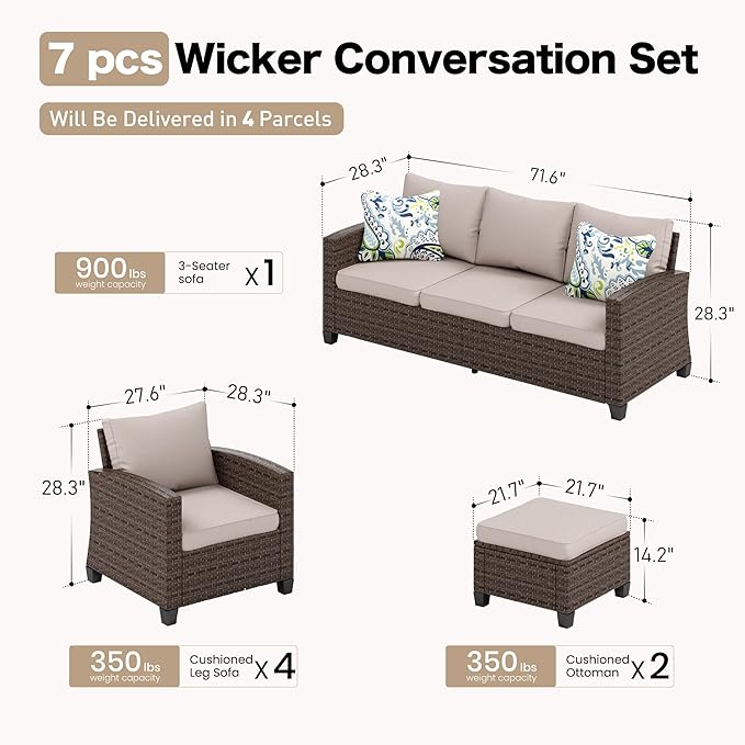 SUNSHINE VALLEY Patio Furniture Set Outdoor Furniture Brown Wicker Rattan Patio Conversation Sets with Cushion Outside Sofa Set,7 Pieces 9 Seats,Beige