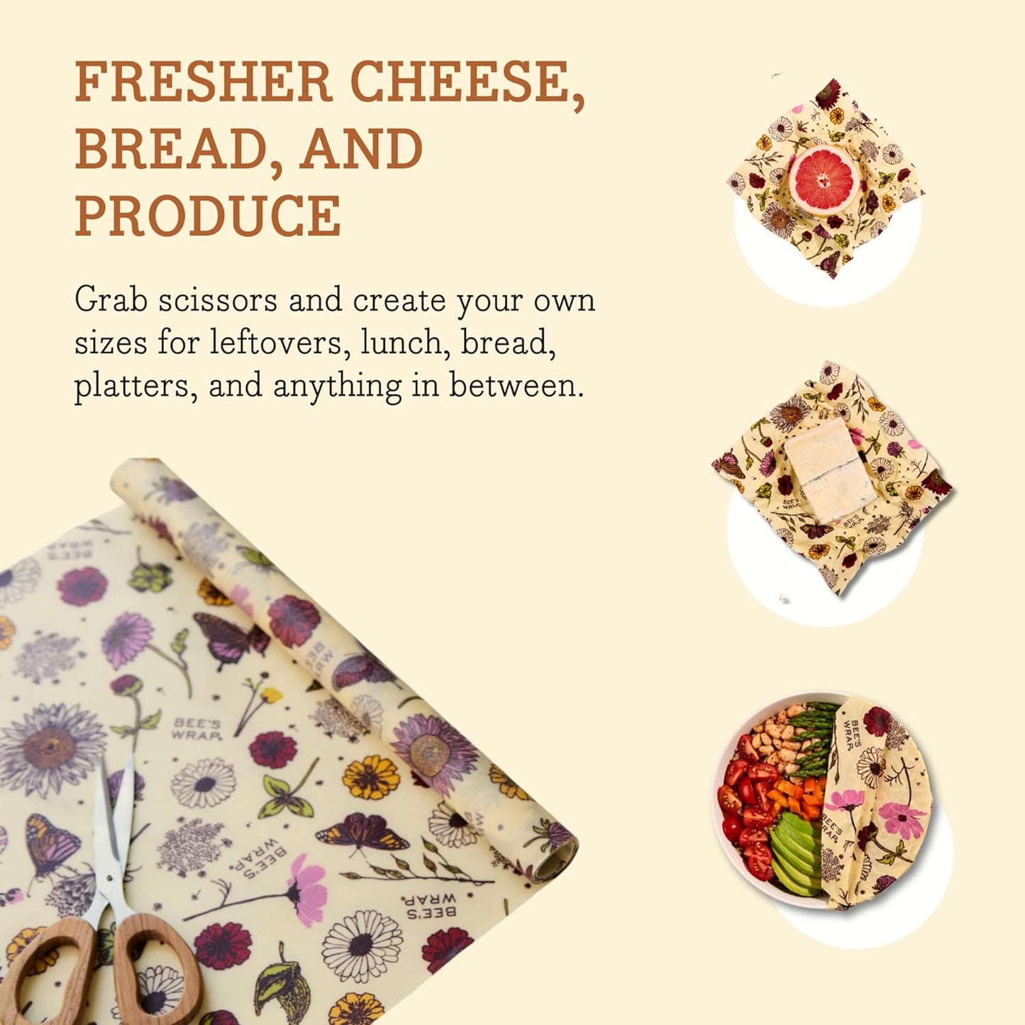 Bee's Wrap Vegan Beeswax Wraps for Food - Cut to Size 14x52" Wax Paper Roll, Made in USA Reusable Waxed Paper & Bowl Covers, Organic Eco-Friendly Alternative to Aluminum Foil, Meadow Magic