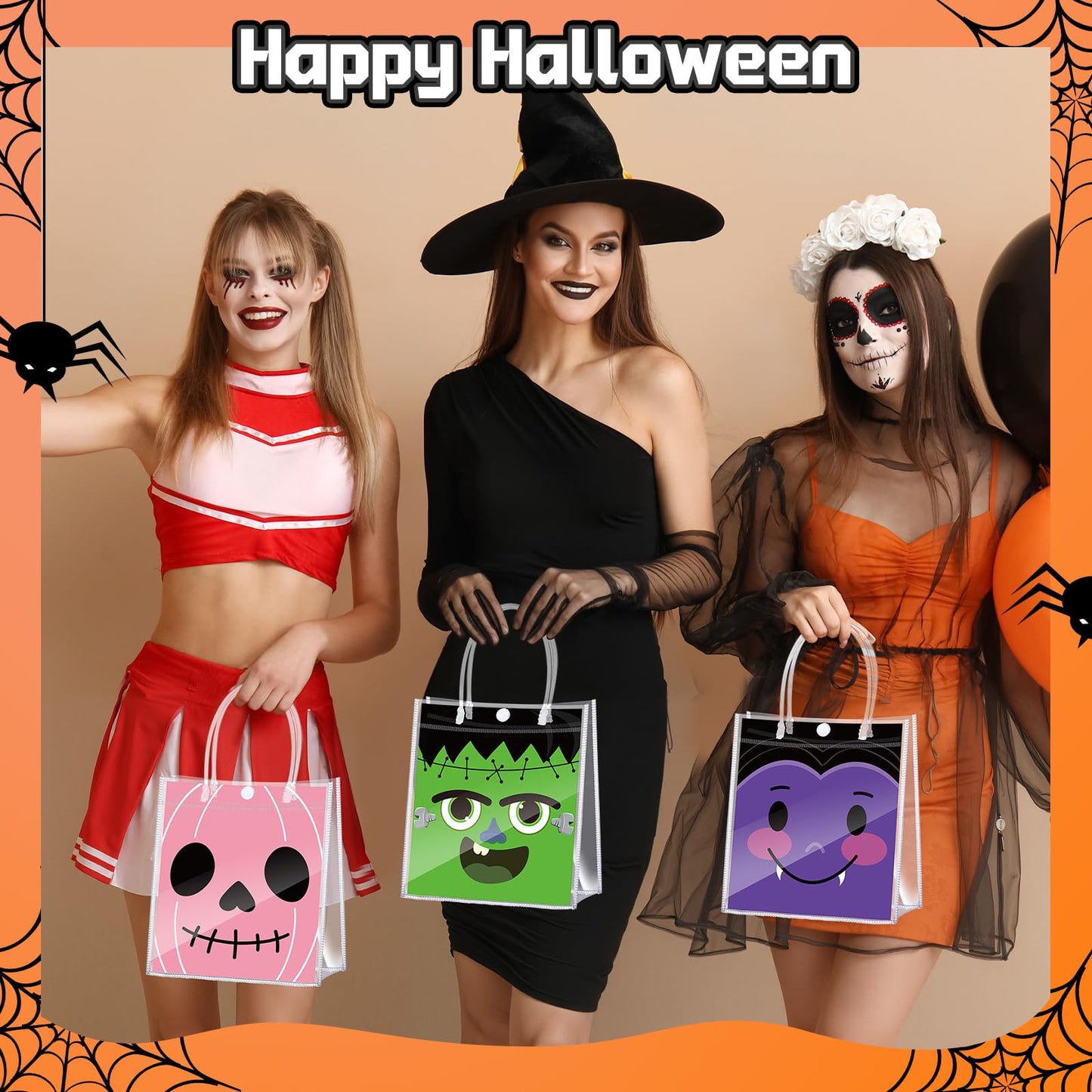 Bulyoou 24 Pcs Halloween Clear PVC Gift Bags with Handle Reusable Grimace Pumpkin Party Favor Bags Pink Treat Tote Bag for Halloween Trick or Treat Supplies