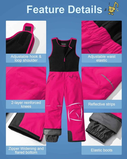 Pursky Girls Snow Bibs Ski Bib Kids Unisex Insulated Snowpant Snowboard Snowsuit Rose Red 8