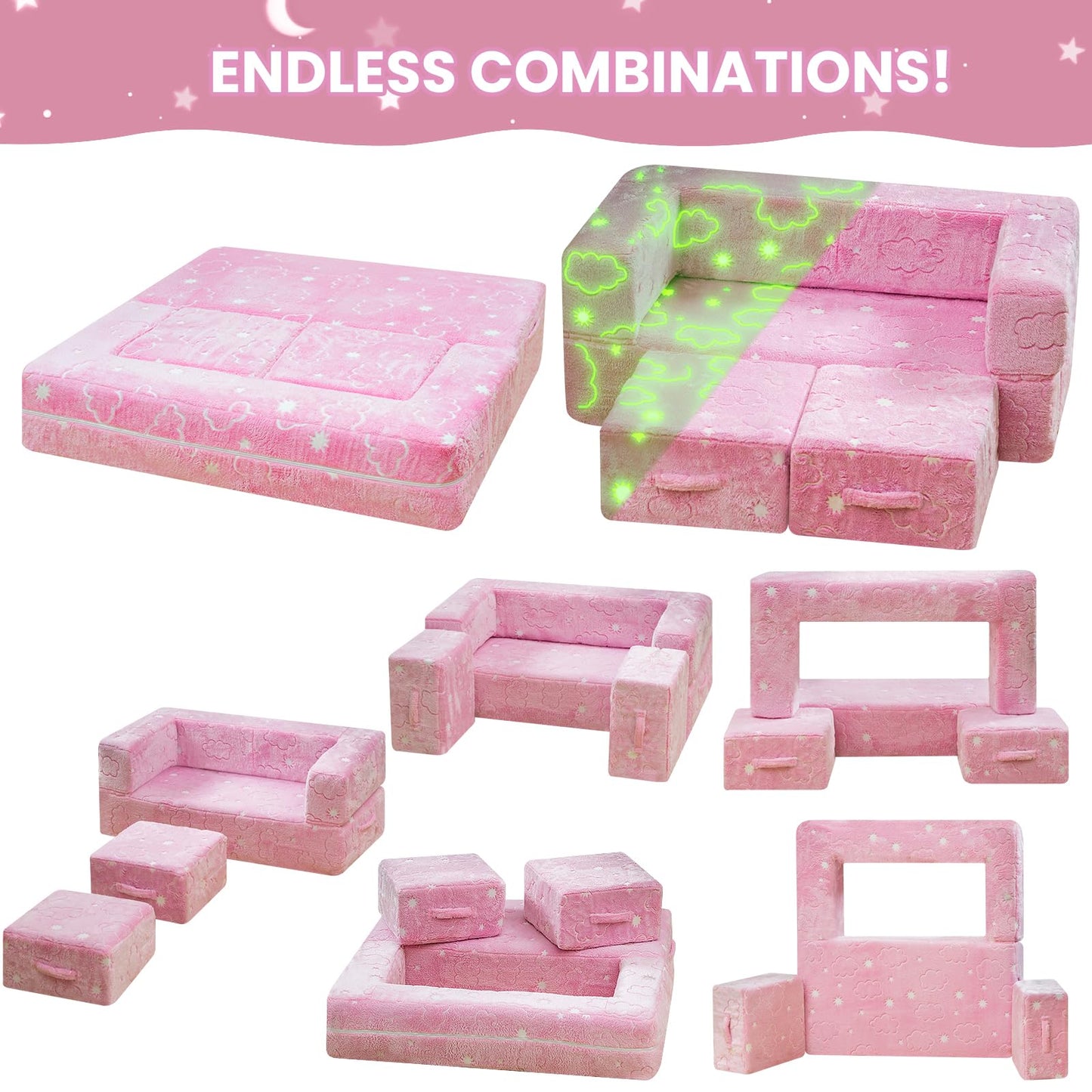 furlinkhm Toddler Couch, Glow in The Dark Kids Play Couch Toddler Fold Out Couch, Kids Fold Out Couch for playroom, Convertible Baby Fold Out Play Foam and Floor Cushion for Bedroom, Pink+Clouds
