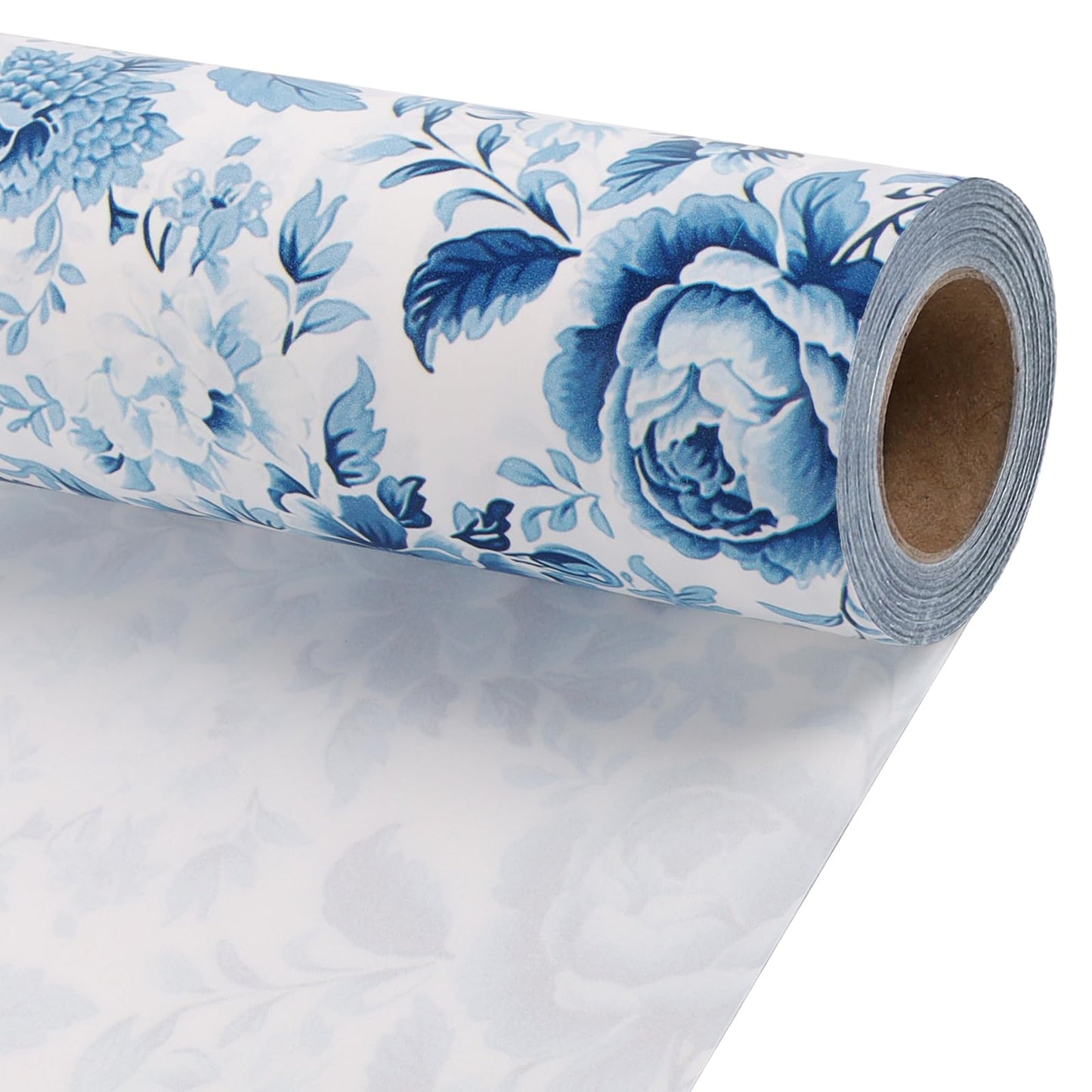 BIOBROWN Floral Wrapping Paper Jumbo Roll - 30 Inch X 33 Feet (82.5 sq. ft. ttl.) Blue White Peony Design Chinoiserie Gift Wrap Stone Paper for Wedding, Bridal Shower, Mother's Day