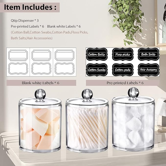 SheeChung 3 Pack Qtip Dispenser Apothecary Jars Bathroom with Labels-Clear Plastic Qtip Holder Storage Set for Cotton Ball/Swab/Rounds,Floss Picks, Hair Clips，Hair Ties