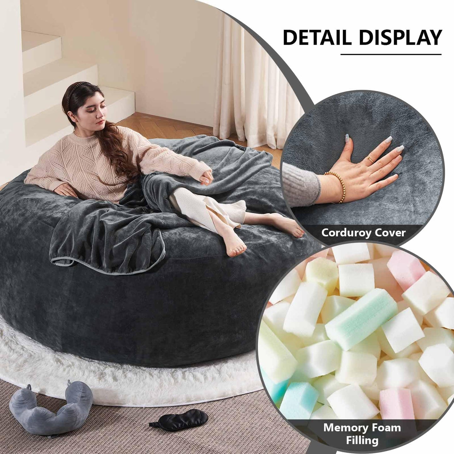 7FT,Oversized Bean Bag Chairs for Adults，Bean Bag Chair with Filler Included，Giant Bean Bag Chair Covered with Flannel Cover, Living Room Furniture, Suitable for Bedroom and Dormitory. (Dark Gray)