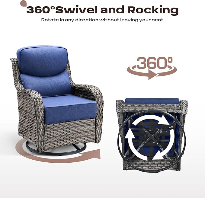 Rilyson Wicker Outdoor Patio Furniture Set - 5 Piece Patio Conversation Sets with Swivel Rocker Chairs, Ottomans and Sofa, 6 inch Cushions, Waterproof Wicker, for Porch Deck Mixed Grey/Blue