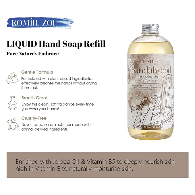 ROMIIE ZOI Liquid Hand Soap Refill, Sandalwood, Gentle & Moisturizing Formula, 750 ML/ 26 FL OZ