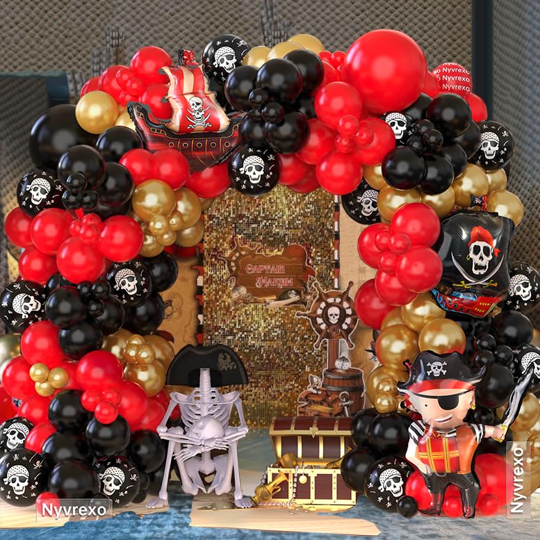 Pirate Birthday Party Decorations, 142Pcs Red Black Metallic Gold Balloon Garland Arch Kit with Pirate Ship Foil Mylar Balloon for Summer Sea Sailing Adventure Ocean Theme Halloween Party