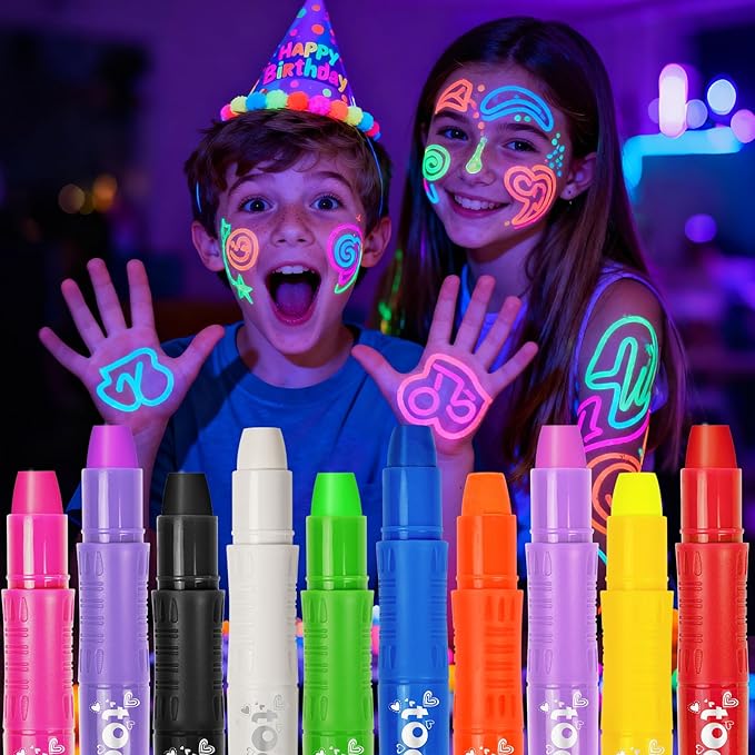 UV Face Paint Sticks Glow in the Dark under Black Light, 10 Colors Neon Body Face Paint Crayons for Kids Adults, Washable Mess-Free for Glow Party Supplies Cosplay Halloween Makeup