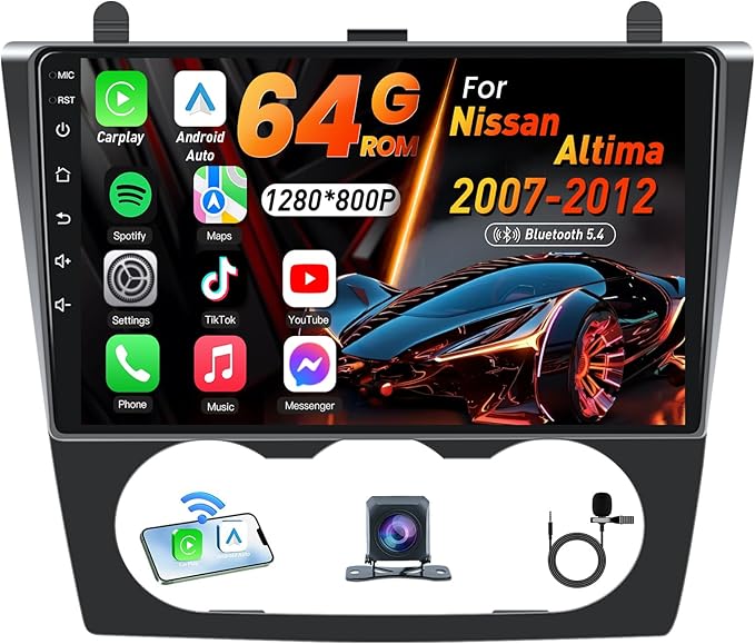 4G RAM+64G ROM Car Radio for Nissan Altima 2007-2012: Upgrade 9Inch 1280*800P IPS Touch Screen Wireless CarPlay & Android ...