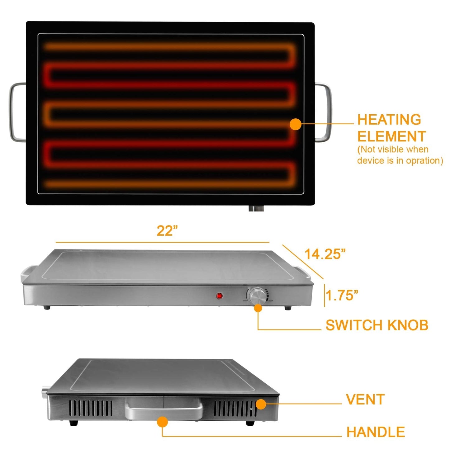 Megachef Electric Warming Tray with Adjustable Temperature Control, 24 in, Silver, Black