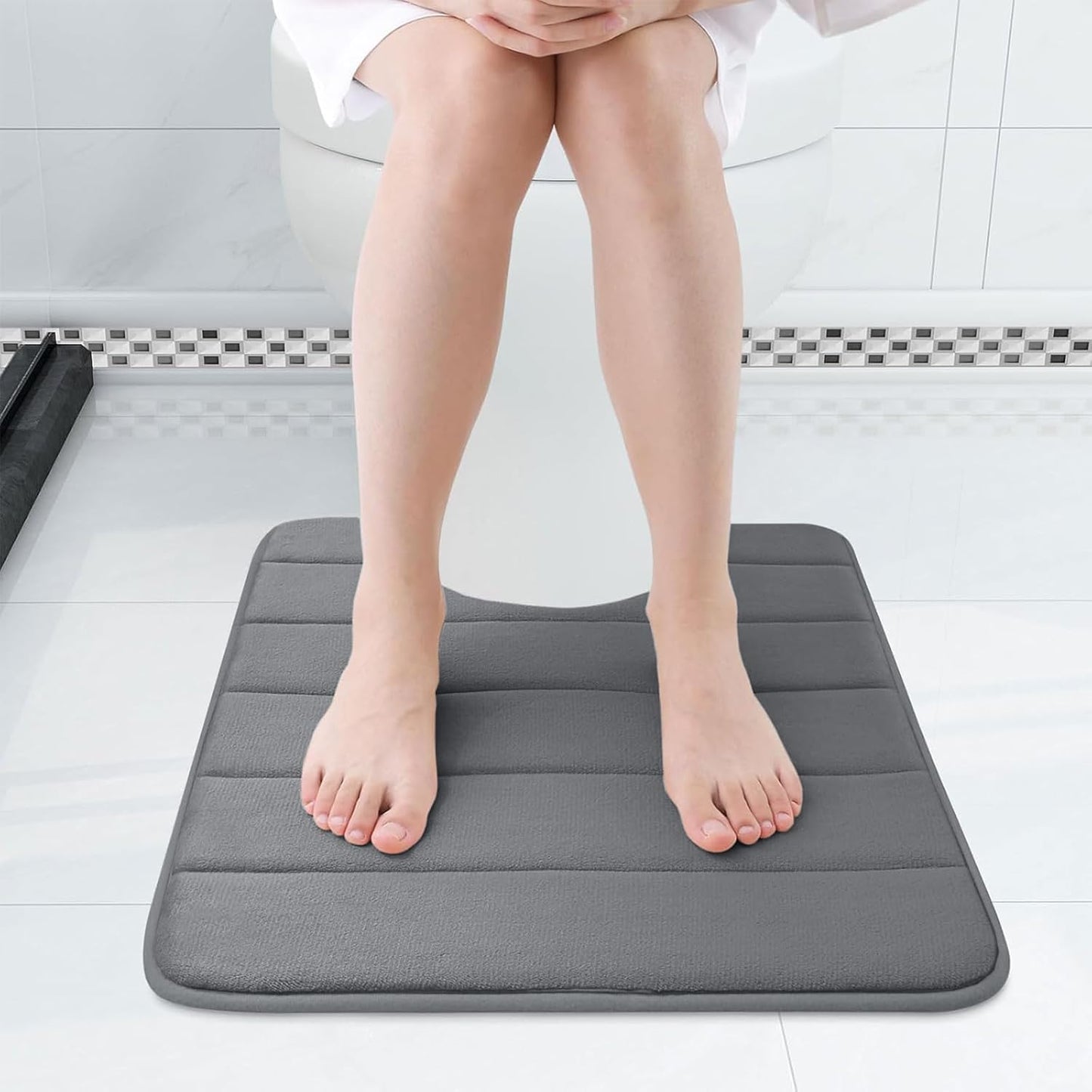 Buganda Memory Foam U-Shaped Contour Toilet Rugs, Non Slip Absorbent, Thick Soft Washable Bathroom Mat, Floor Carpet Bath Rugs Mat for Toilet Base (24" x 24", Grey)