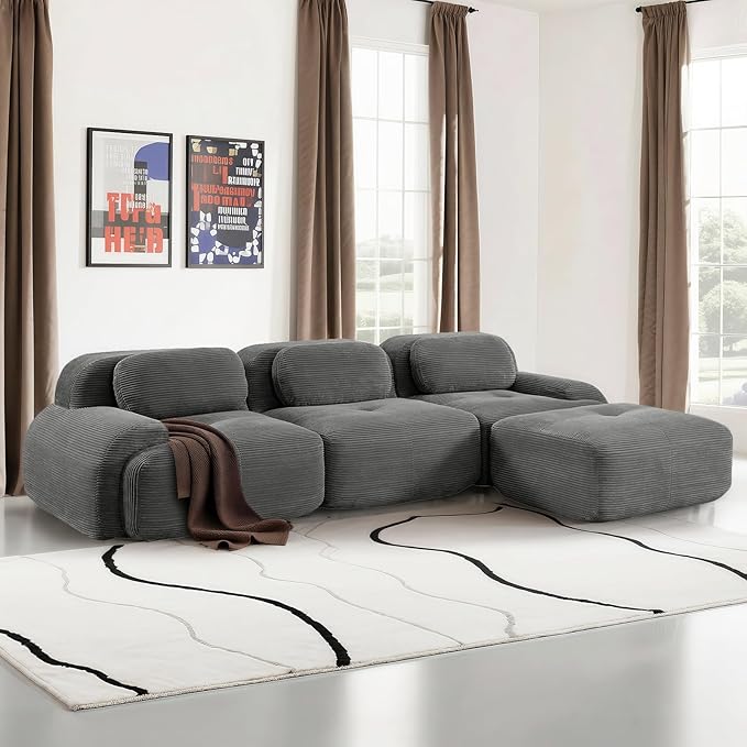 SoarFlash 117" Modern L-Shaped Modular Sectional Sofa for Living Room, Corduroy Upholstery Oversized 3-Seater Couch with Deep Seat and Movable Ottoman-No Assembly, Grey