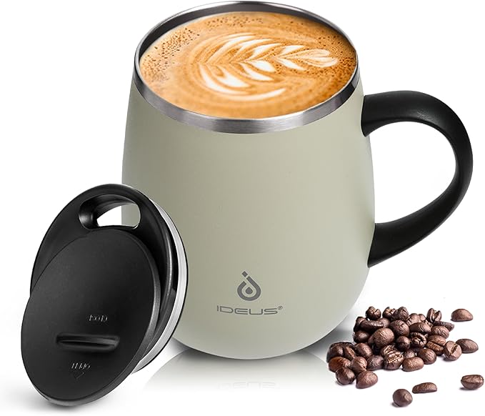 Ideus 16 oz (470 ml) Insulated Coffee Mug with Handle and Lid, Double Wall Stainless Steel Vacuum Thermal Coffee Mug, Trav...