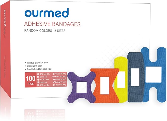 Ourmed Flexible Fabric Bandages with Non-Stick Pad, Latex Free, Rainbow Colors Adhesive Bandage First Aid Wound Care for C...