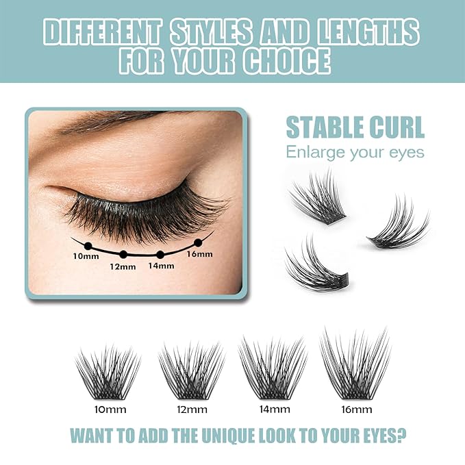 DIY Eyelash Extension, 3D Effect Glue Bonded Band Individual Lash 48 Clusters Volume Lashes Set, Home Eyelash Extension, C curl Lashes Pack 12MM-Volume-48 Clusters