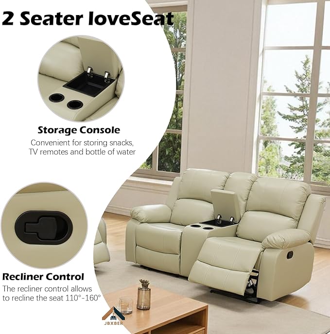 JBXBER Manual Recliner Sofa Set for Living Room, Leather Reclining Sofa Sets, Faux Leather Couch Set with Cup Holders, Drop-Down Table and Storage Console(Sofa and Loveseat,Beige)