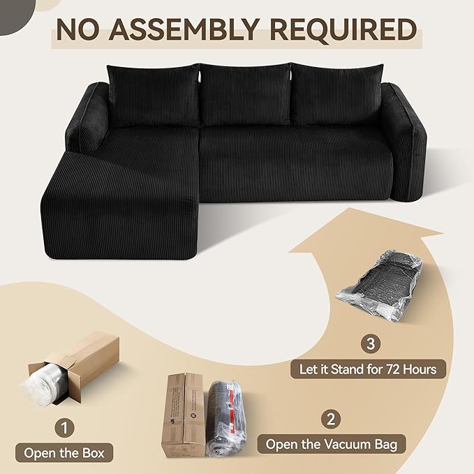 UMBFUN 103" Cloud Sectional Couch for Living Room, Boneless Couch with L-Shape Chaise, Modular Sectional Sofa with Deep Seat, Oversized Modular Sofa for Bedroom, No Assembly Required, Corduroy