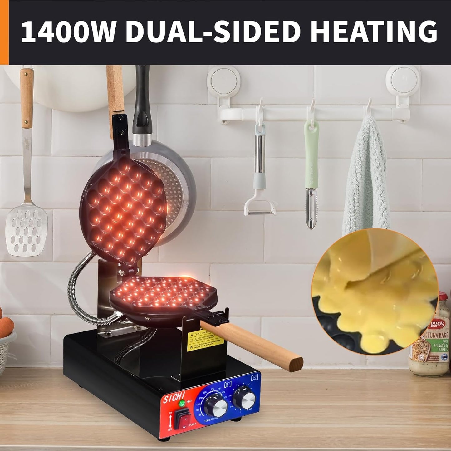 HTTSICHI Bubble Waffle Maker - Commercial Egg Waffle Maker w/Non-stick, Temperature and Timers, 1400W Hong Kong Egg Waffle Iron w/Rotating Baking Pan, Stainless Steel Bubble Waffle Machine Restaurants