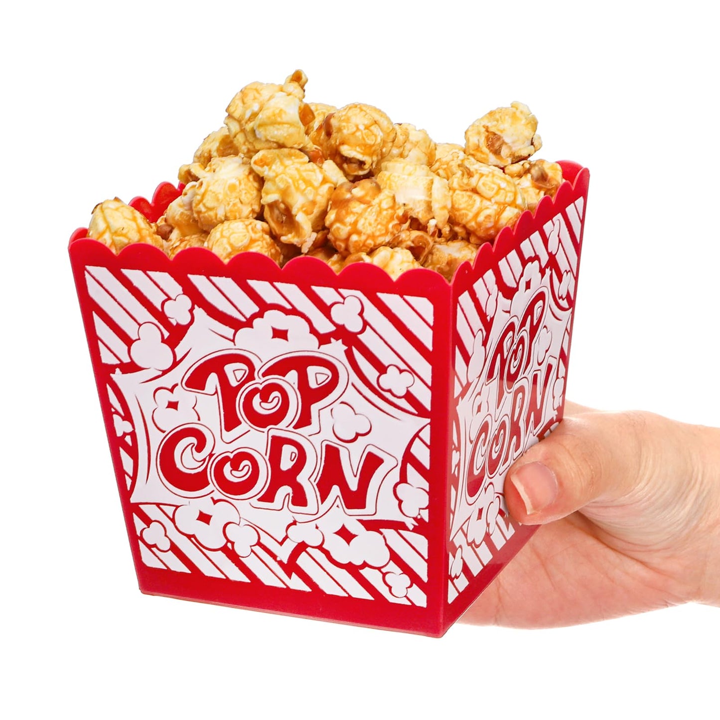 Covzoe 30 Packs Plastic Popcorn Box, Reusable Open-Top Popcorn Containers Bulk, Classic Red & White Striped Snack Bowls Bucket Tub for Movie Night, Party, Square 3.8 x 3.8 Inch