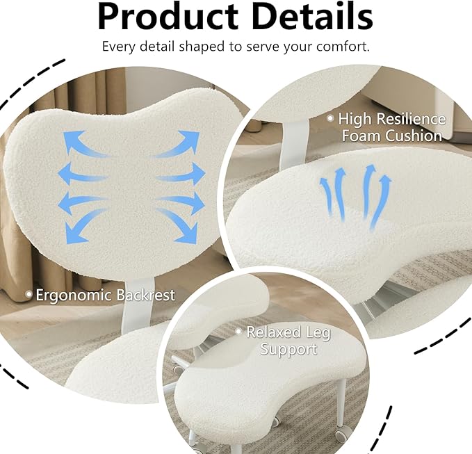 Cross Legged Office Chair with Wheels–360°Swivel Meditation Chair, Adjustable Height Yoga Office Chair for Adults, Ergonomic Kneeling Chair with Back Support for ADHD, Teddy Fabric, Ivory