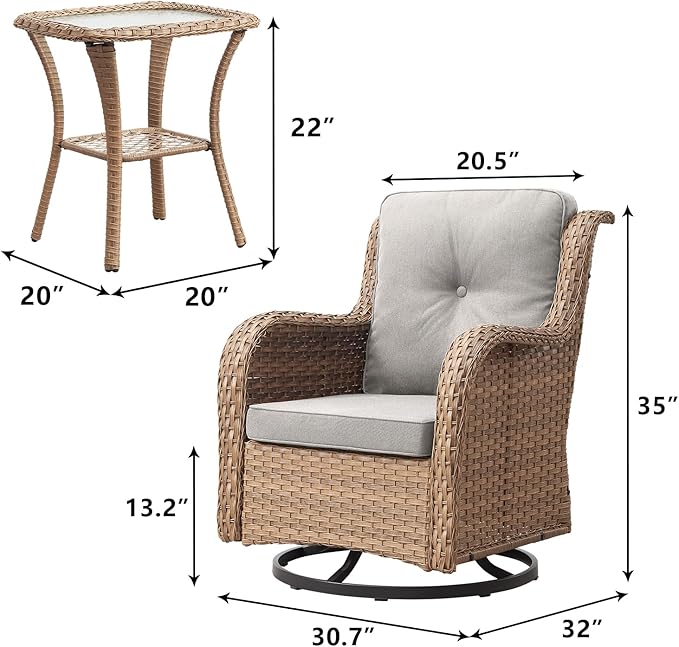 Rilyson Patio Chairs Wicker Outdoor Chair - 6 Piece Rattan Swivel Rocking Chairs Set Patio Glider Rocker Chair with Glass Top Side Table for Porch Deck Garden(Yellow/Beige)