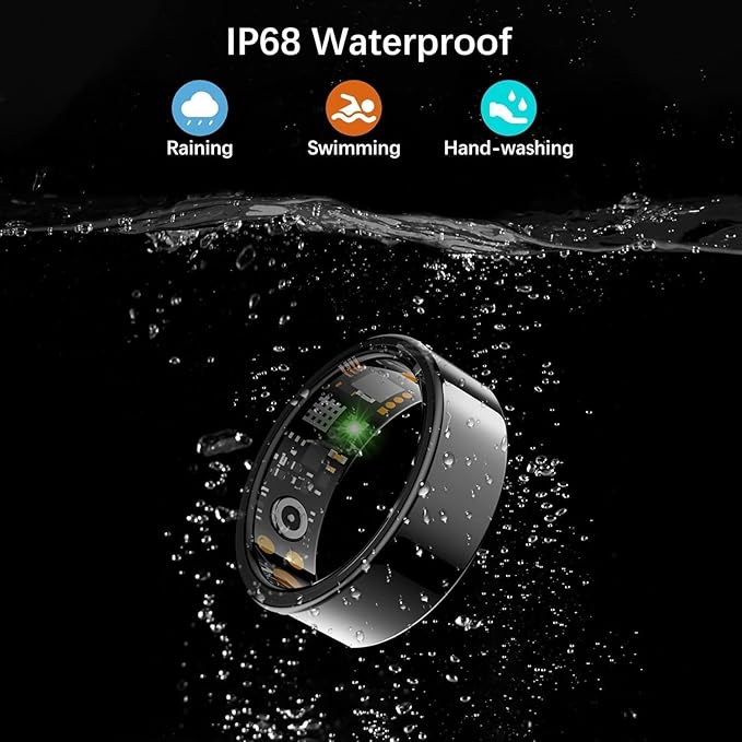 Smart Health Ring for Women Men, Fitness Tracker Ring with Heart Rate, Blood Oxygen, Sleep Tracker, Step Tracker, No Subscription Fee, IP68 Waterproof Smart Ring for iPhone & Android (Black, 8#)