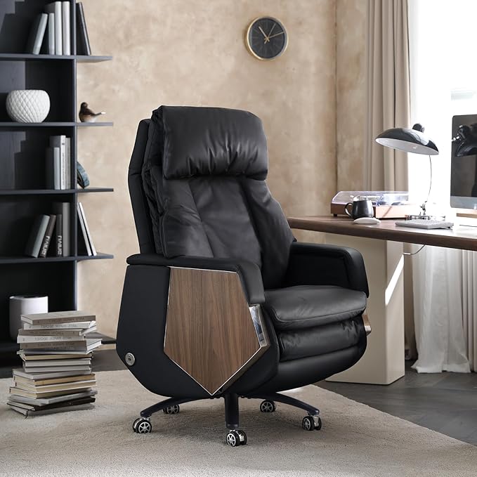 EMIAH Ergonomic Executive Office Chair with Footrest Electric Reclining Big and Tall Office Chair with Massage and Adjustable Lumbar Sopport Comfortable Desk Chair, Genuine Leather (Black)