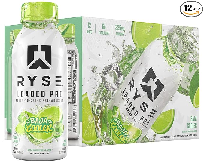 RYSE Loaded Pre Workout Drink - Baja Cooler - Sugar-Free, Ready to Drink Energy Supplement with 325mg Caffeine, Citrulline...