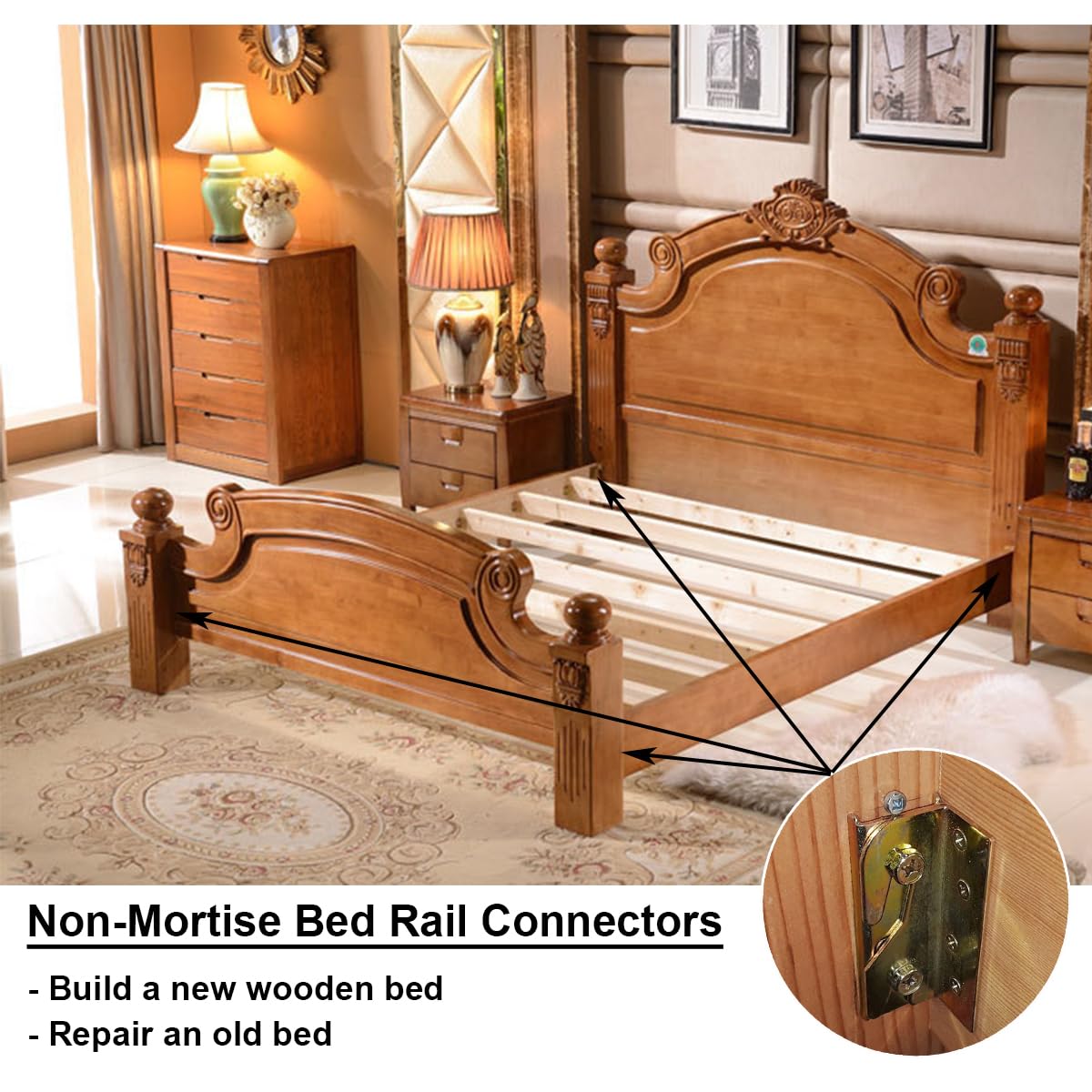 KASUNEN Bed Rail Brackets - Wooden Bed Frame Hardware - Heavy Duty Non-Mortise Bed Rail Fittings - Set of 4 (Screws Included)