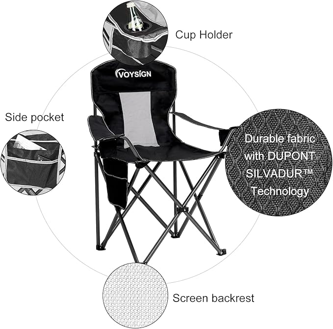 VOYSIGN Mesh Folding Camping Chairs for Adults, Oversized Portable Outdoor Chairs, Weight Capacity 325 lbs with Cup Holder, Storage Pocket, Carry Bag