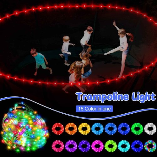 Halloscume 70 Pcs Trampoline Accessories Kit, Trampoline Ladder 49.2 ft LED Trampoline Lights Trampoline Sprinkler, 8 Trampoline Stakes, Spring Pull Tool, 51 Water Balls and Trampoline Basketball Hoop