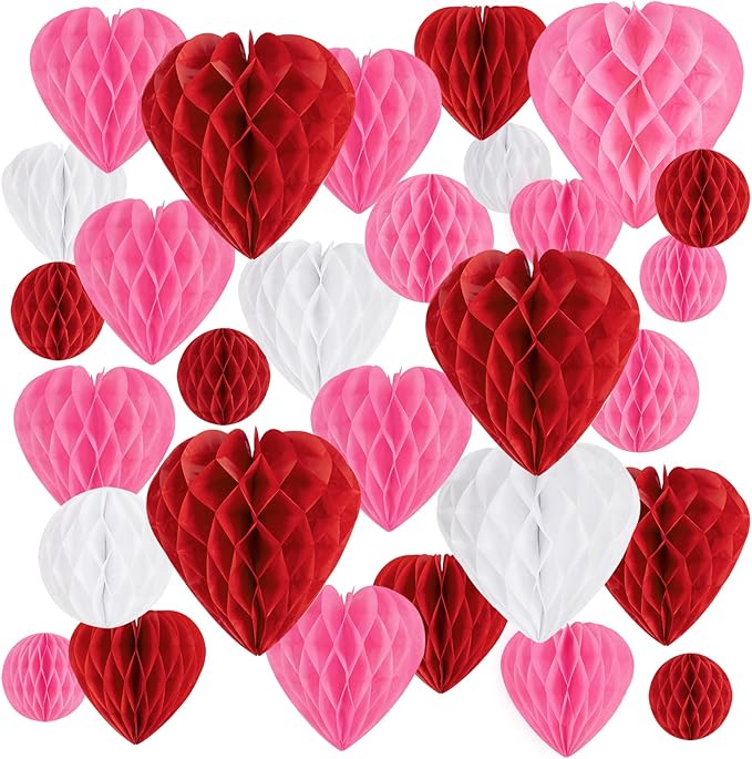 40Pcs Valentines Day Party Heart Decorations - Red Pink White Paper Honeycomb Hearts Balls Hanging, Valentine's Decor for ...