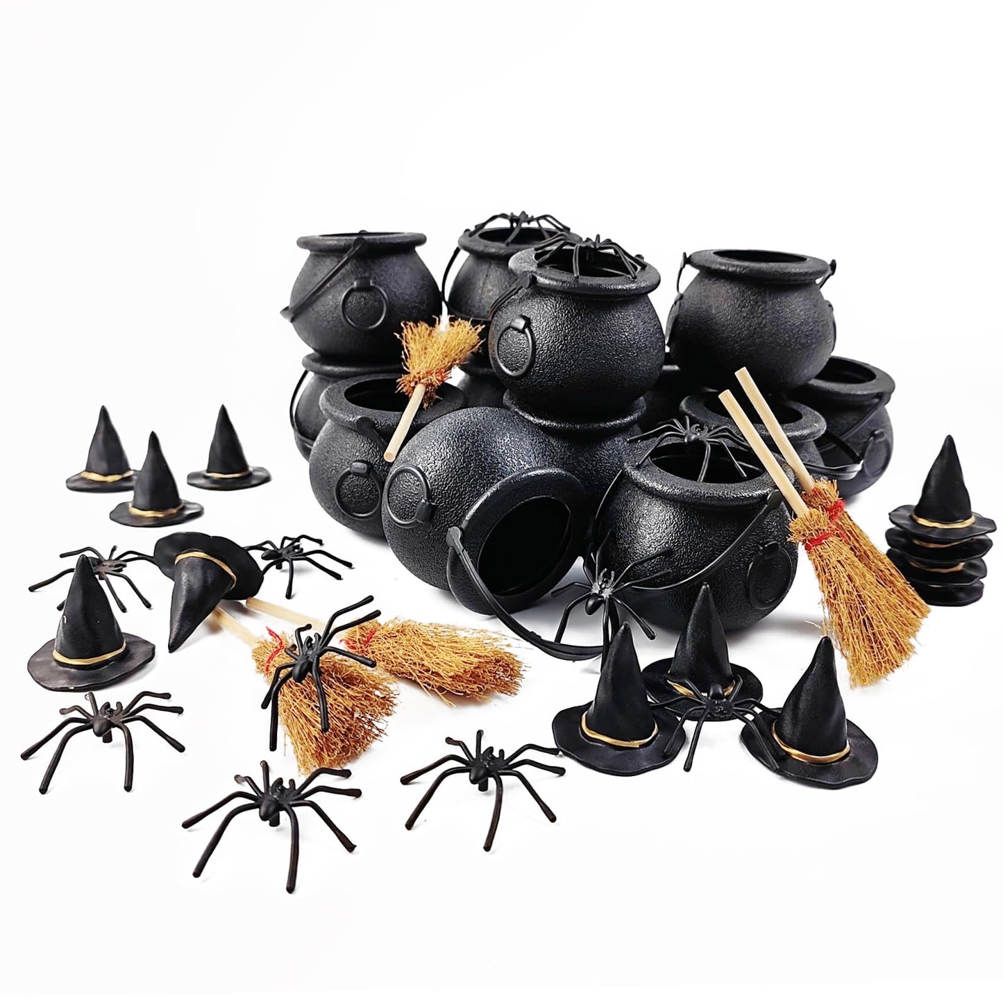 ROYHOO 48PCS Halloween Mini Witch Cauldron Set- 12 Pack Small Plastic Black Candy Cauldron with Spider, Broom, Witch Hat for Halloween Dollhouse Craft Accessories Table Decoration Supply