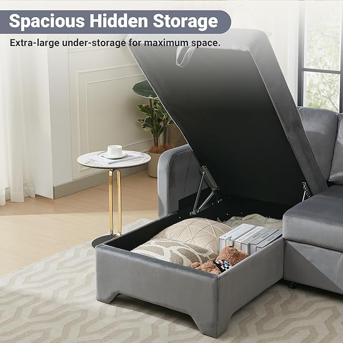 Tbfit 90.6'' 3 in 1 Sleeper Sofa Couch with Storage Chaise, Velvet Sofa Bed with Pull Out Bed, Convertible Sleeper Sofas for Living Room, Small Spaces, Grey