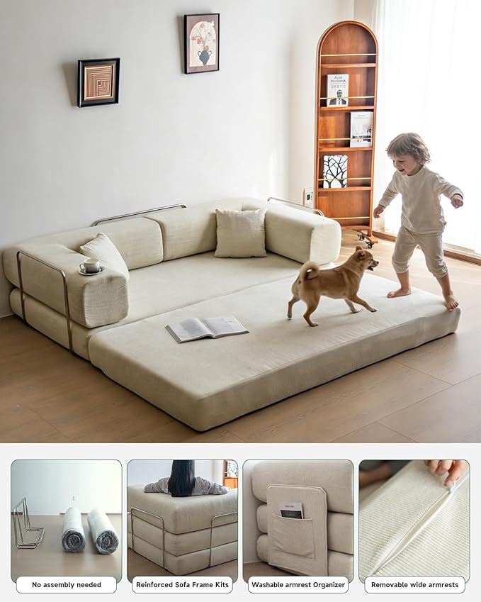 No Assembly Convertible Sofa Bed & 79" Boneless Couch with Pocket , 5-in-1 Futon Sofa Bed with 2 Pillows Modular Pull Out Couch Bed with Frame,Compression in Box for Living Room Small Spaces Beige