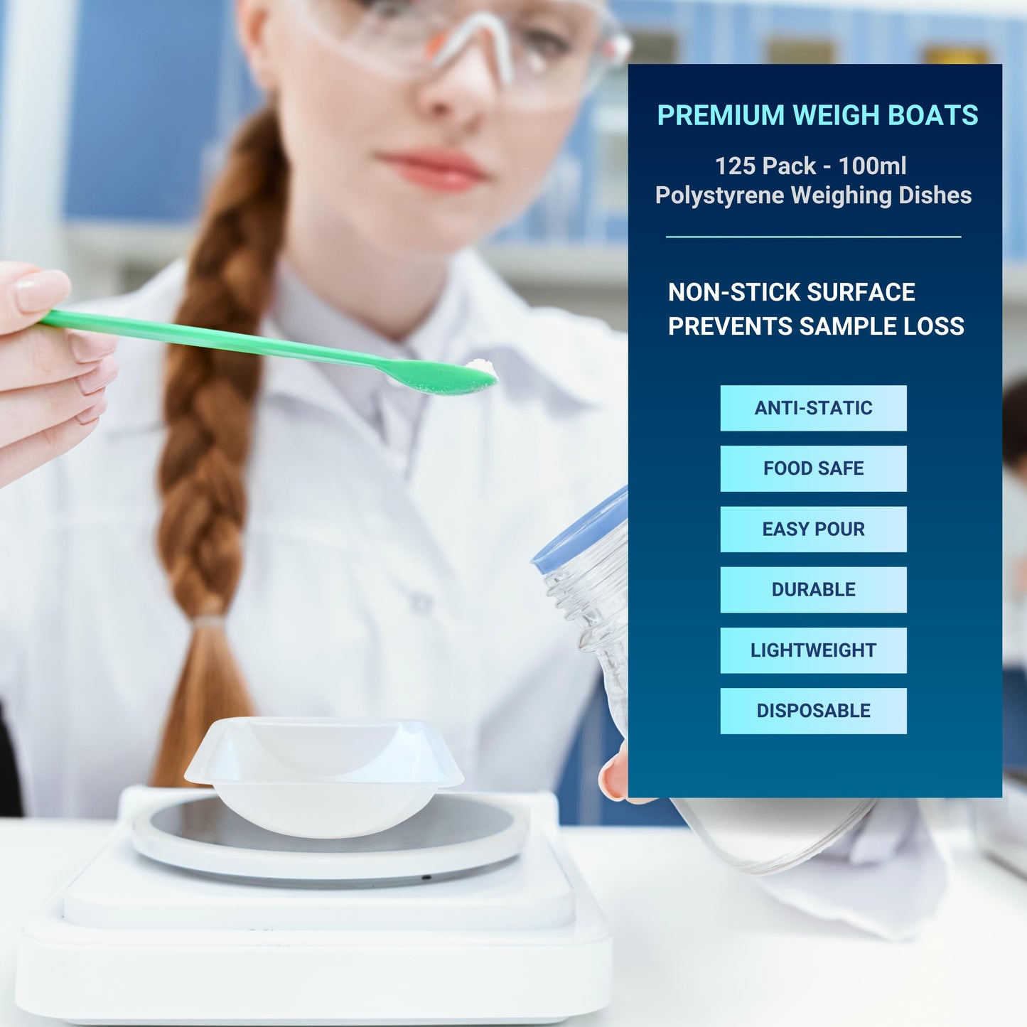 Weigh Boats Medium (100ml, 125 Pack) Disposable Plastic Trays for Scale, Anti-Static Square Tray Weighing Dishes, Polystyrene Lab Dish for Powder Weight, Mixing Epoxy, Food Sample Container, Pour Boat