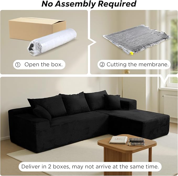 Black Cloud Couch Sectional Sofa in Box with L-Shape Chaise,Modern Modular Couches Upholstered with Deep Seat for Living Room,No Assembly Required
