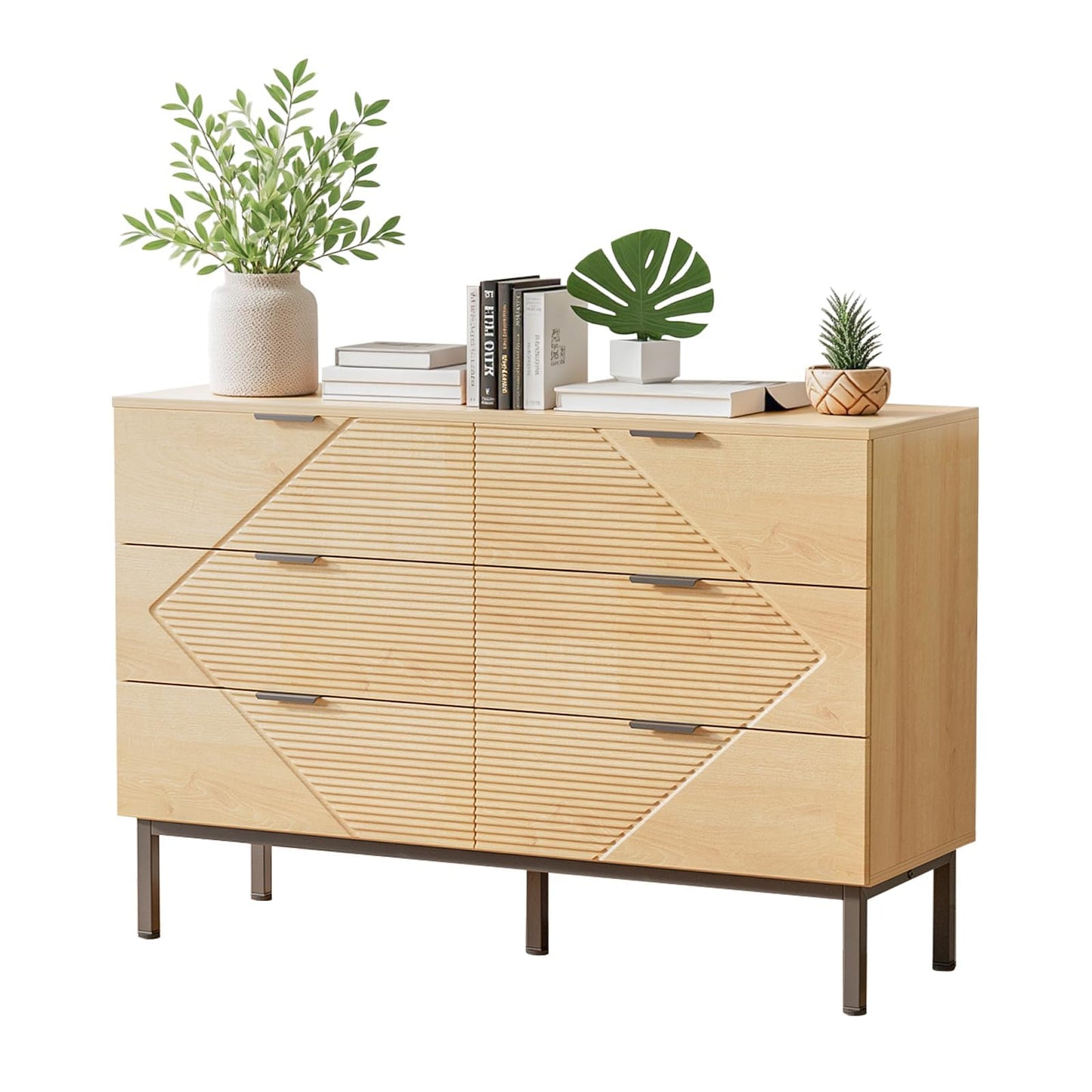 VDNEND Dresser for Bedroom with 6 Drawer, Farmhouse Wood Dresser Storage Drawers, Espresso Long Double Fluted Dressers, Closet Organizers TV Stand for Living Room,Hallway (1, Natural Oak)
