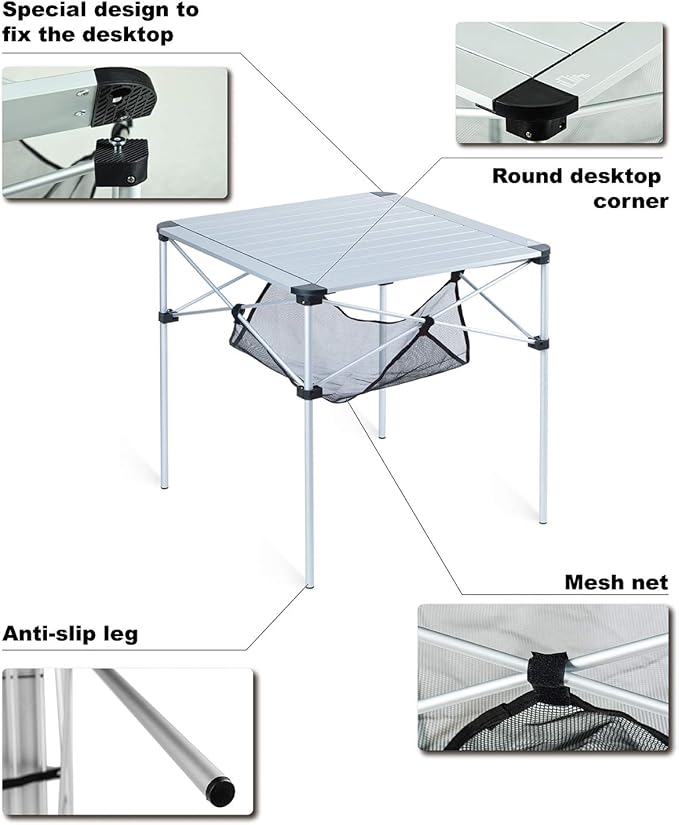 iClimb Lightweight Stable Alu. Folding Square Table Roll Up Top with Carry Bag for Camping Picnic Backyards BBQ Camp Kitchen (Nature, L)