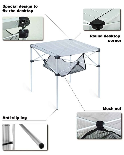 iClimb Lightweight Stable Alu. Folding Square Table Roll Up Top with Carry Bag for Camping Picnic Backyards BBQ Camp Kitchen (Black, L)